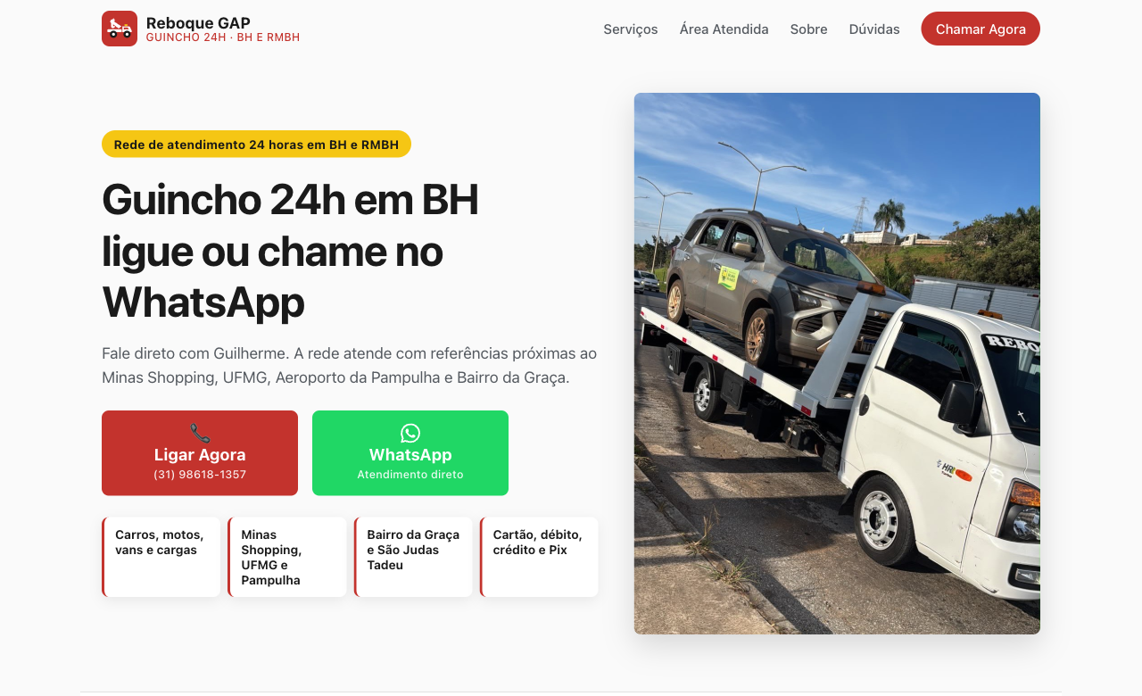 Site do Reboque GAP, com o título completo e os botões de ligar e de WhatsApp